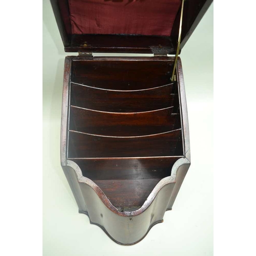 280 - A GEORGE III MAHOGANY KNIFE BOX, serpentine front, the interior converted for stationery, 22.5cm wid... 