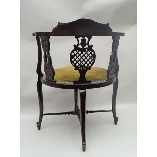 297 - A LATE 19TH / EARLY 20TH CENTURY POSSIBLE CONTINENTAL CORNER ARMCHAIR, with fancy lattice pierced ce... 