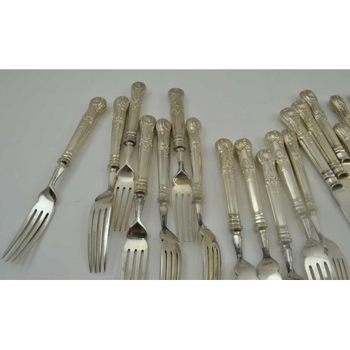 3 - GARRARD & CO. LTD A SET OF SILVER BLADED FISH KNIVES & FORKS FOR TWELVE, kings pattern handles, Shef... 