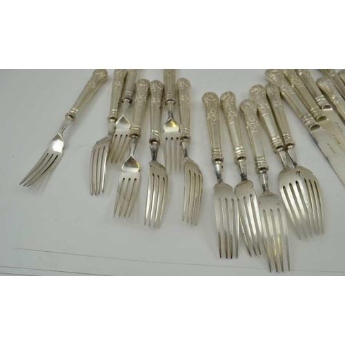 3 - GARRARD & CO. LTD A SET OF SILVER BLADED FISH KNIVES & FORKS FOR TWELVE, kings pattern handles, Shef... 