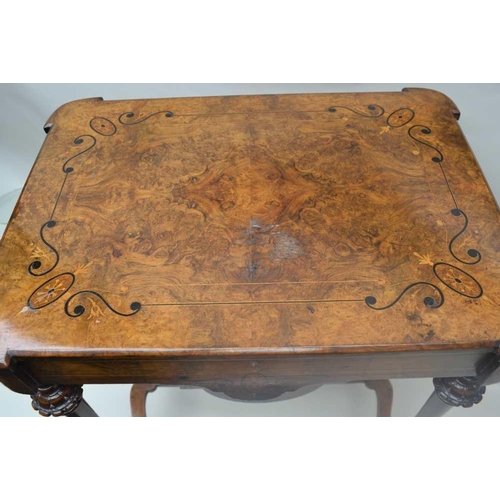 302 - A 19TH CENTURY INLAID WALNUT WORK TABLE having rectangular lift-up lid, revealing remains of well fi... 