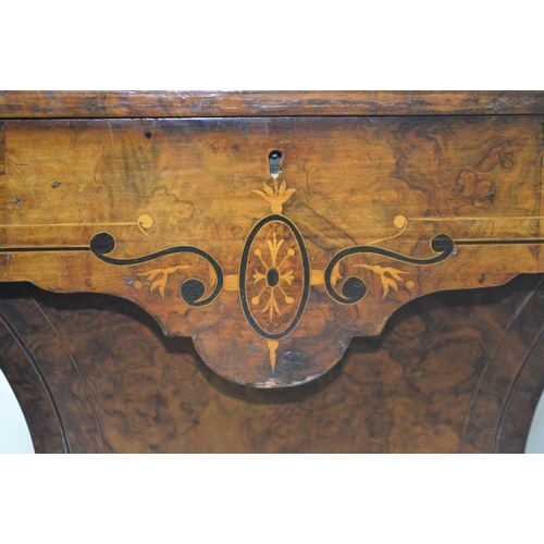 302 - A 19TH CENTURY INLAID WALNUT WORK TABLE having rectangular lift-up lid, revealing remains of well fi... 