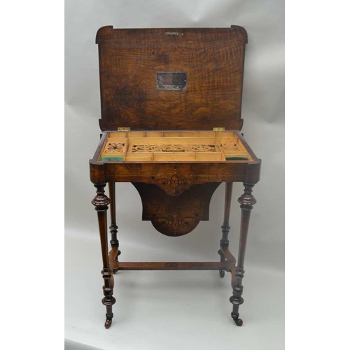 302 - A 19TH CENTURY INLAID WALNUT WORK TABLE having rectangular lift-up lid, revealing remains of well fi... 