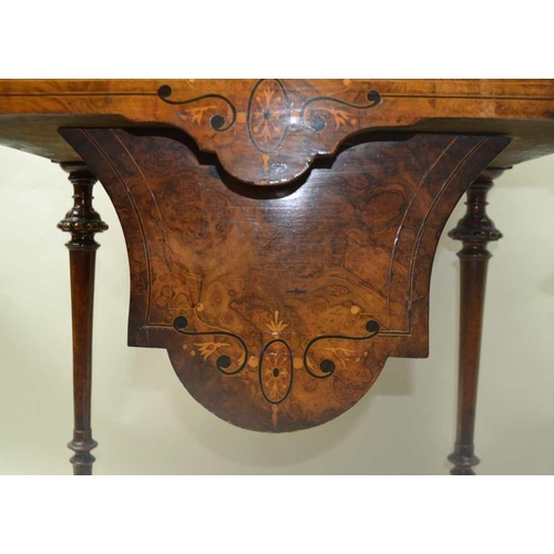 302 - A 19TH CENTURY INLAID WALNUT WORK TABLE having rectangular lift-up lid, revealing remains of well fi... 