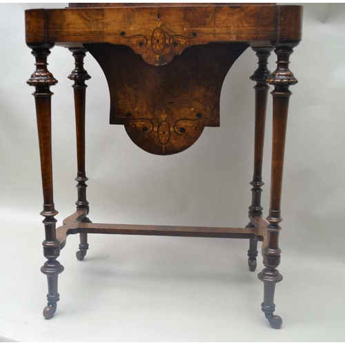 302 - A 19TH CENTURY INLAID WALNUT WORK TABLE having rectangular lift-up lid, revealing remains of well fi... 