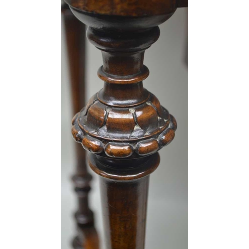 302 - A 19TH CENTURY INLAID WALNUT WORK TABLE having rectangular lift-up lid, revealing remains of well fi... 