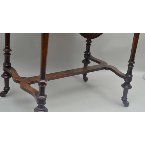 302 - A 19TH CENTURY INLAID WALNUT WORK TABLE having rectangular lift-up lid, revealing remains of well fi... 