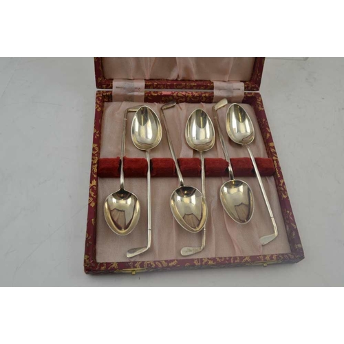 39 - A MATCHED SET OF SIX SILVER GOLF CLUB HANDLED TEASPOONS, five by Walker & Hall, three 1923, one 1925... 