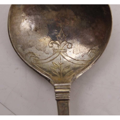 46 - TWO 17TH CENTURY SILVER SPOONS, with large bowls, barley twist stems and knop terminals, some incise... 