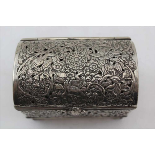 53 - A DUTCH SILVER TABLE CASKET, domed hinged cover, cast, pierced design with birds and flowers, a mask... 