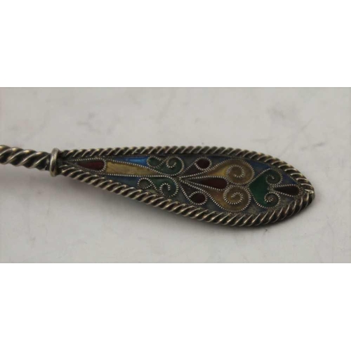 59 - TWO PIQUE A JOUR ENAMEL DECORATED CONTINENTAL SPOONS one with scrolling floral mounted handle (2) ... 