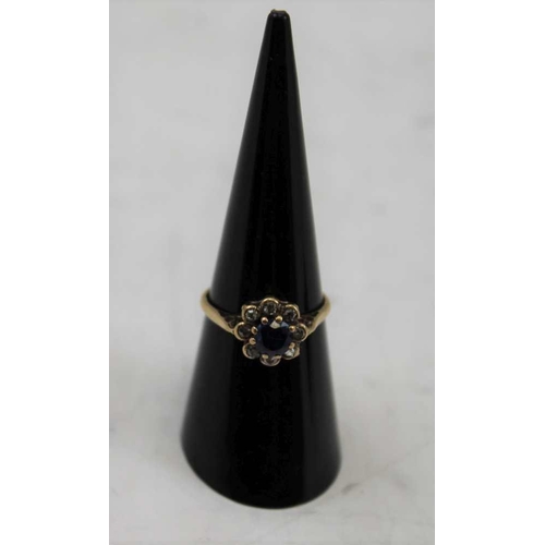 81 - A 9CT GOLD DIAMOND & SAPPHIRE SET CLUSTER RING, gross weight; 2g, together with a 9ct gold stick pin... 