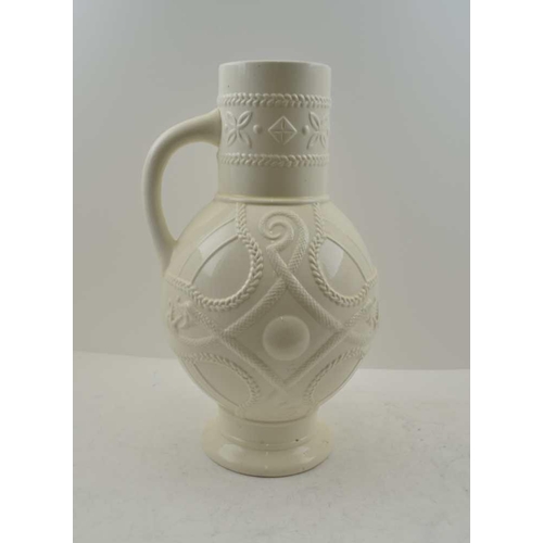 93 - A MOULDED STONEWARE BULBOUS WATER JUG, Powell and Bishop 1878 reg. with chain-link and entwined serp... 