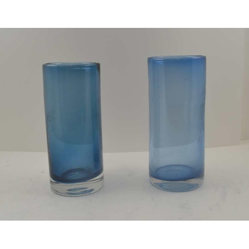 95 - TWO 'KING'S LYNN' BLUE TINTED GLASS VASES of cylindrical form, (c.1967/69) both with ground pontils,... 