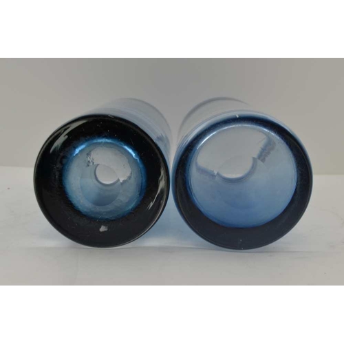 95 - TWO 'KING'S LYNN' BLUE TINTED GLASS VASES of cylindrical form, (c.1967/69) both with ground pontils,... 