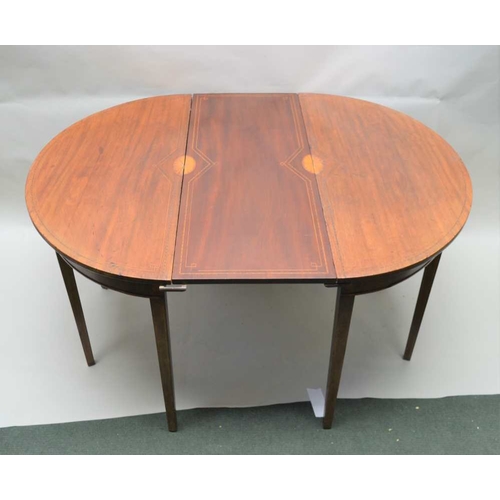 312 - A 19TH CENTURY INLAID MAHOGANY OVAL DINING TABLE, having two 'D' shaped end pieces, with single cent... 