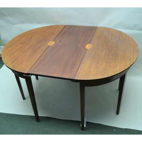 312 - A 19TH CENTURY INLAID MAHOGANY OVAL DINING TABLE, having two 'D' shaped end pieces, with single cent... 