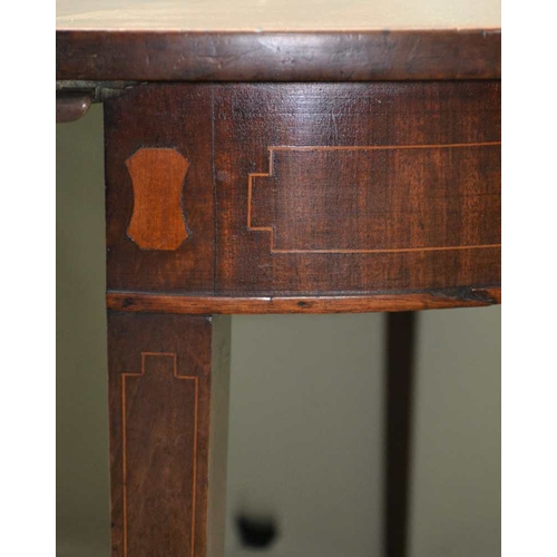 312 - A 19TH CENTURY INLAID MAHOGANY OVAL DINING TABLE, having two 'D' shaped end pieces, with single cent... 