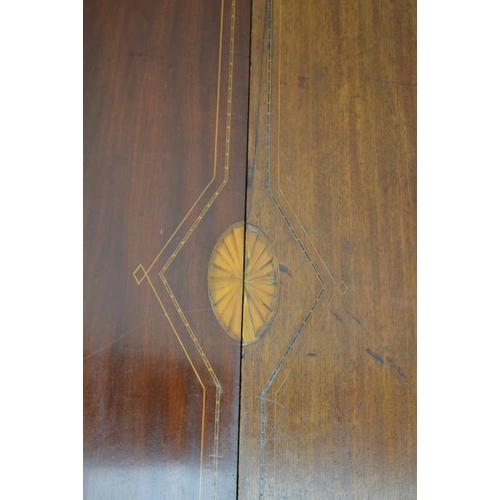 312 - A 19TH CENTURY INLAID MAHOGANY OVAL DINING TABLE, having two 'D' shaped end pieces, with single cent... 