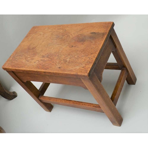 269 - A 20TH CENTURY LONG OAK FRAMED STOOL, with crewel work upholstered top together with one other small... 