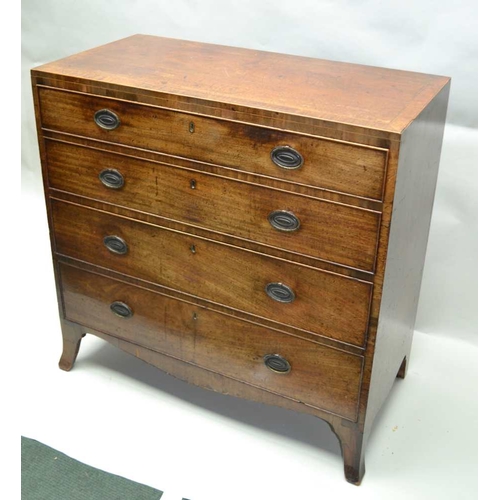 295 - A 19TH CENTURY MAHOGANY CHEST OF FOUR LONG GRADUATED DRAWERS, cross banded top, oval stamped brass b... 