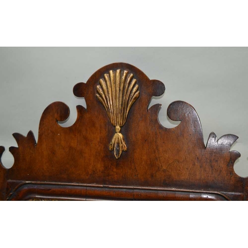 318 - A GEORGIAN DESIGN MAHOGANY FRET FRAME WALL MIRROR, gilt scallop to the crest above a painted floral ... 