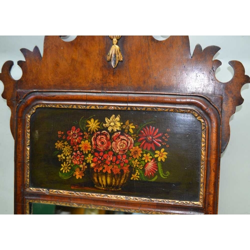 318 - A GEORGIAN DESIGN MAHOGANY FRET FRAME WALL MIRROR, gilt scallop to the crest above a painted floral ... 