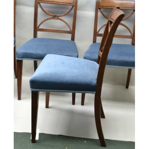 311 - A SET OF SIX LATE REGENCY MAHOGANY SINGLE CHAIRS having 'X' form design backs, overstuffed seat pads... 