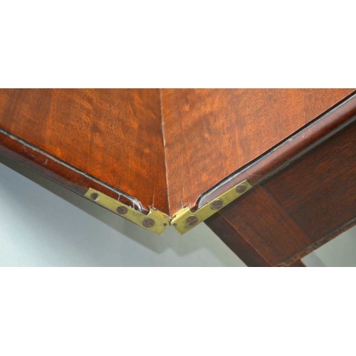 285 - A 19TH CENTURY MAHOGANY FOLDOVER TEA TABLE, rectangular top on squared tapering supports with castor... 