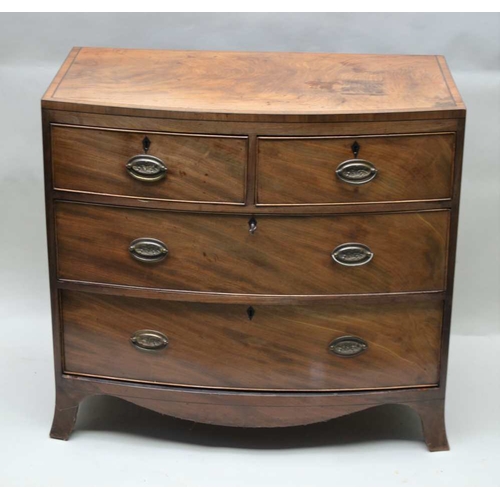 288 - A 19TH CENTURY MAHOGANY BOW FRONT CHEST OF FOUR DRAWERS, two short over two long drawers, brass hand... 