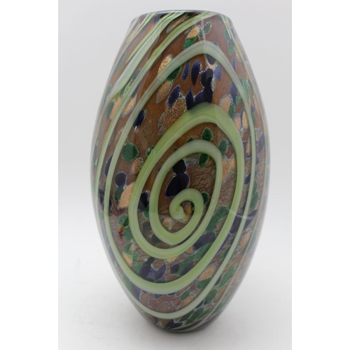 114 - A mid-20th century Murano Art glass vase, pale green swirl decoration over an aventurine speckled gr... 