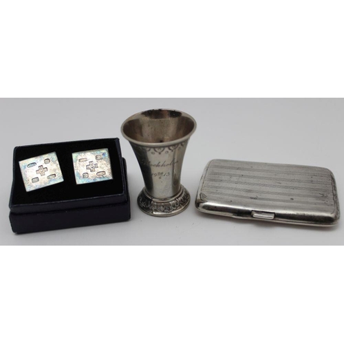 26 - A collection of silver and plated wares, to include; a Birmingham 1918 silver cigarette case, silver... 