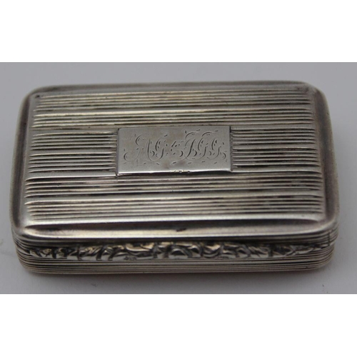 35 - Thomas Shaw, A William IV silver snuff box, ridged case with floral thumb catch, monogrammed, opens ... 