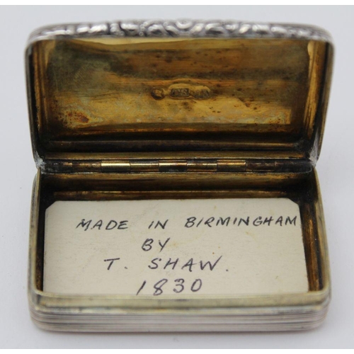 35 - Thomas Shaw, A William IV silver snuff box, ridged case with floral thumb catch, monogrammed, opens ... 