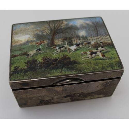 4 - William Hornby, A late Victorian silver cigarette box, the hinged lid inset an enamel hunting scene,... 