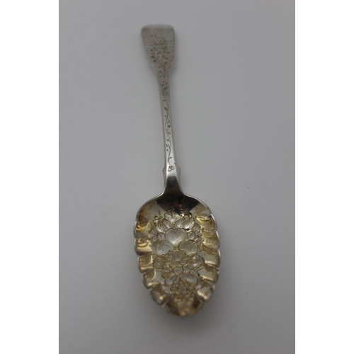 42 - Richard Turner & John Shea, A George III silver berry serving spoon, embossed gilded bowl, chased ha... 