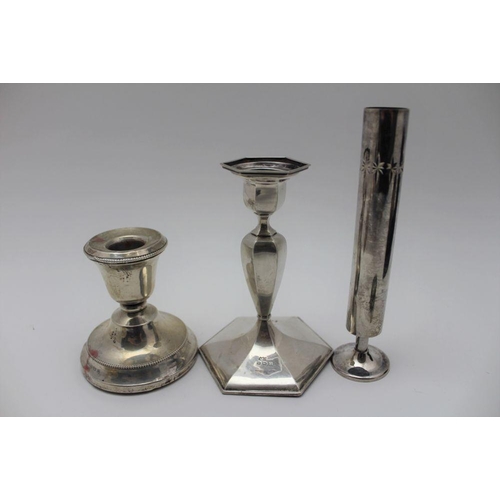 48 - A Mappin & Webb silver candlestick of hexagonal form, Birmingham 1914, 12cm high, one other silver c... 