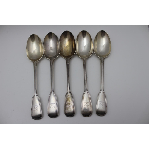 55 - Holland, Aldwinckle and Slater, a set of five fiddle & thread pattern soup / table spoons, crested w... 