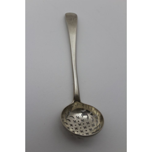 47 - William Eley & William Fearn, A George III silver sifting ladle, monogrammed London 1801, 26g 