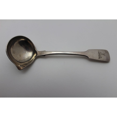 45 - John Smyth, a mid-19th century Irish silver ladle with pouring lip, fiddle pattern handle with stag ... 