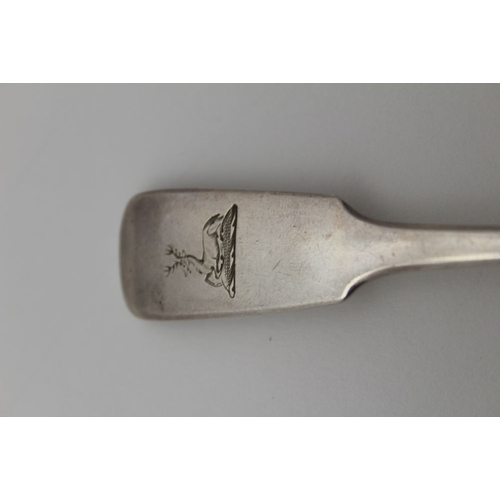 45 - John Smyth, a mid-19th century Irish silver ladle with pouring lip, fiddle pattern handle with stag ... 