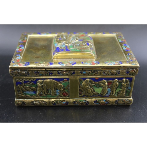 127 - An early 20th century Chinese enamelled brass cigarette box, panel with figures in a garden to the h... 