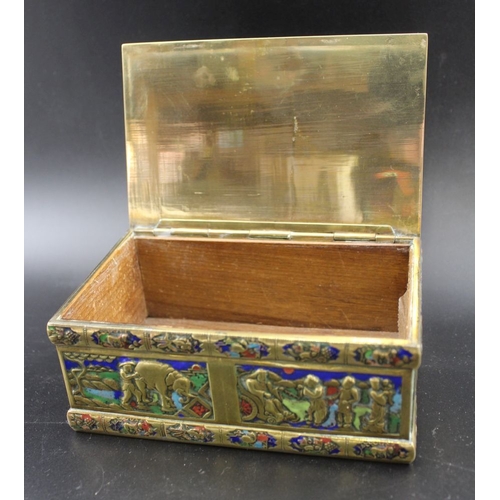 127 - An early 20th century Chinese enamelled brass cigarette box, panel with figures in a garden to the h... 