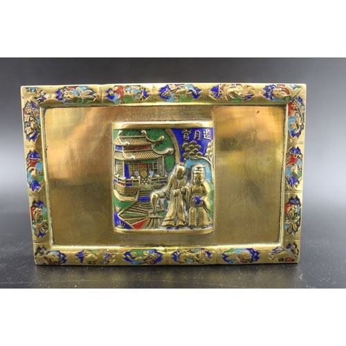 127 - An early 20th century Chinese enamelled brass cigarette box, panel with figures in a garden to the h... 