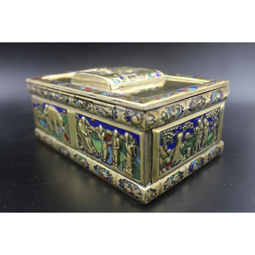 127 - An early 20th century Chinese enamelled brass cigarette box, panel with figures in a garden to the h... 