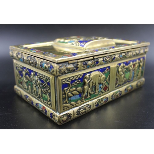 127 - An early 20th century Chinese enamelled brass cigarette box, panel with figures in a garden to the h... 