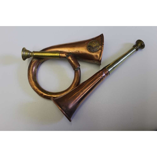 175 - Two copper & brass bugles, one engraved, John Grey & Sons, Foreign & London, a hunting horn bearing ... 