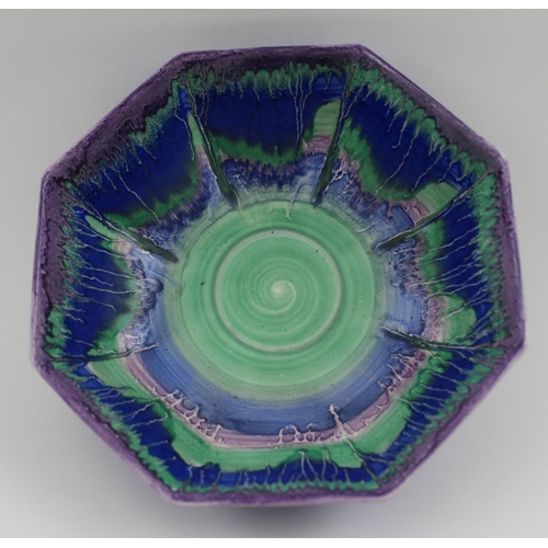 94 - An Art Deco Shelley ceramic bowl of octagonal form, glazed in a blue, green, and purple drip pattern... 