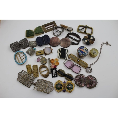 164 - A collection  of decorative buckles and costume jewellery, includes a pair of bright cut steel shoe ... 