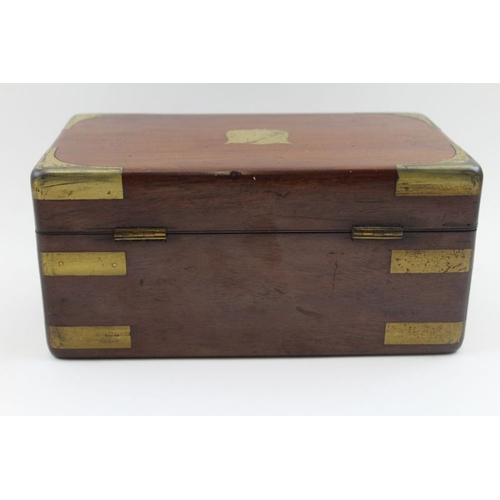 177 - A 19th century mahogany box with brass bands protective corners to the hinged lid, and inset a blind... 